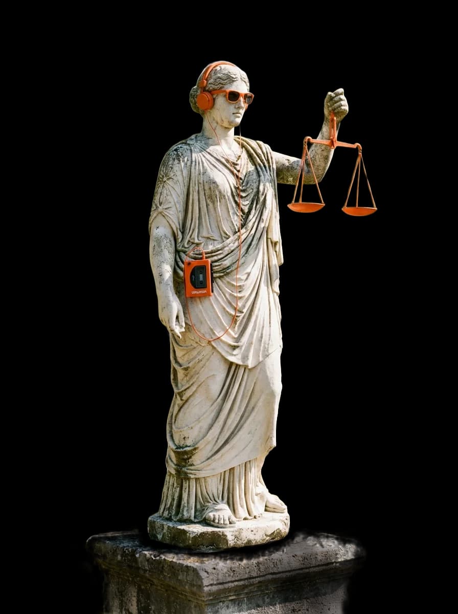Statue de Thémis avec un casque et une balance orange